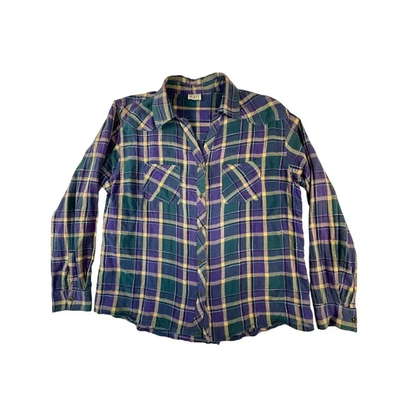 Keren Hart Plaid Button Down Shirt Womens L Purple Teal Western Flannel - Picture 1 of 5